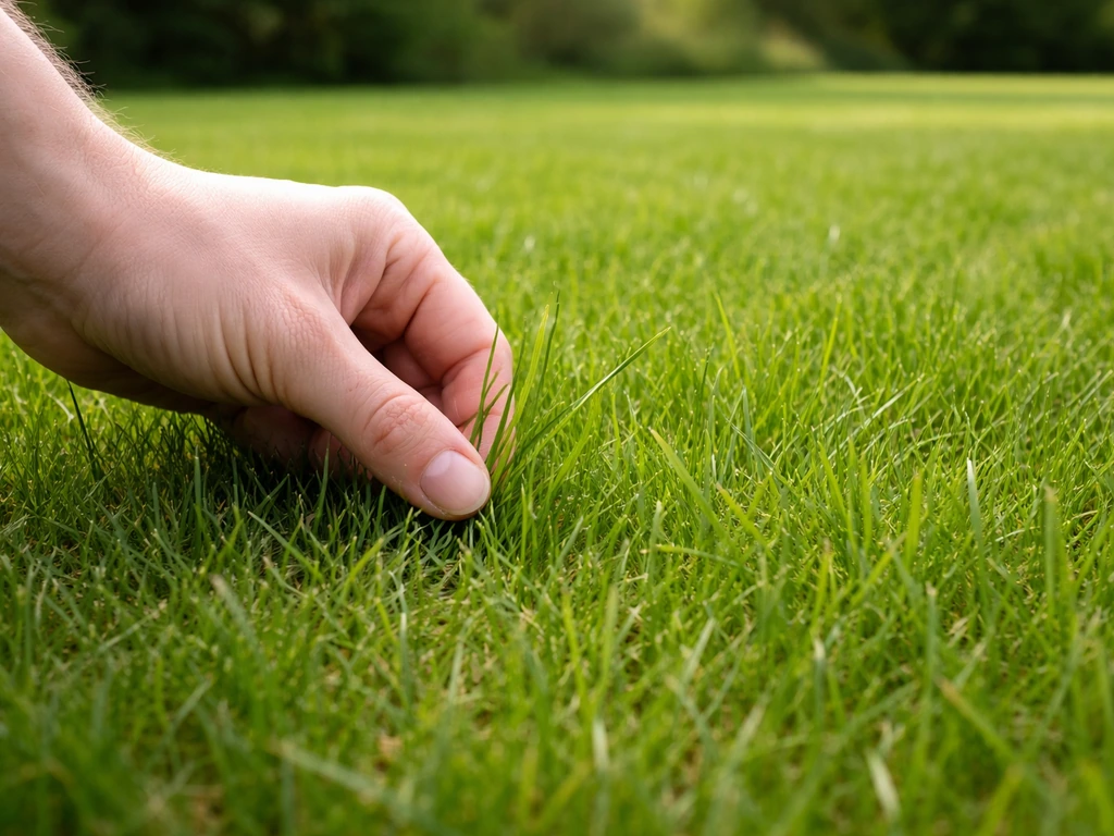 Anonieme hand probeert gras uit te trekken maar het gras blijft intact; op de achtergrond gezond groeiend gazon.