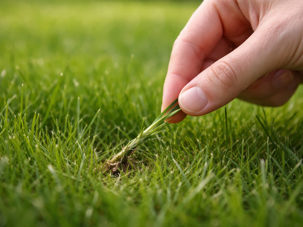 Close-up van een hand die een grashalm voorzichtig los trekt en de halm afbreekt op de achtergrond vaag gras.