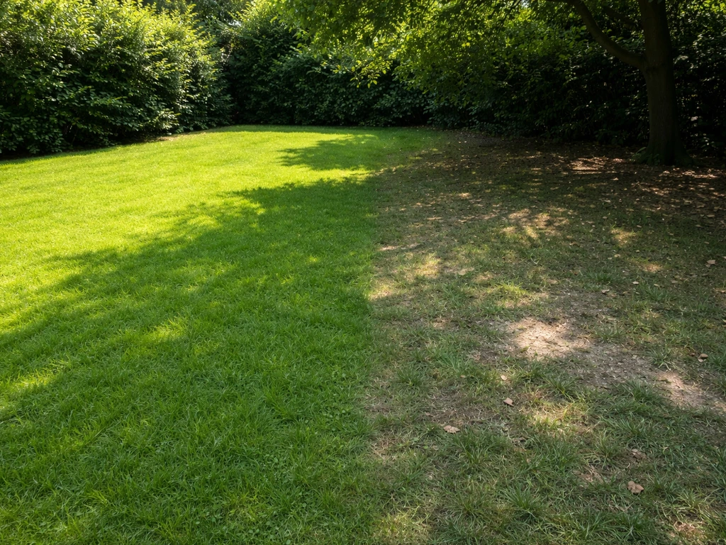 Twee stukken gazon naast elkaar: zonnige plek met groei en schaduwrand met dun gras en kale plekken.