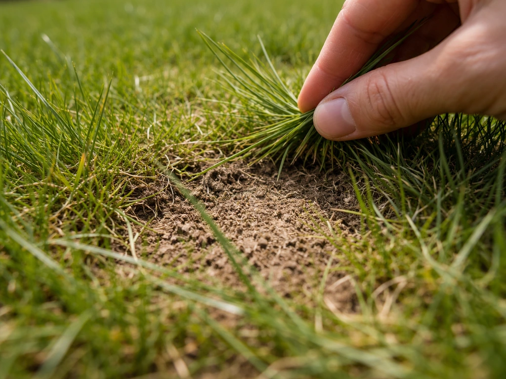 Close-up van een gazon met kale plekken die worden geïnspecteerd door losse grassprieten op te tillen.