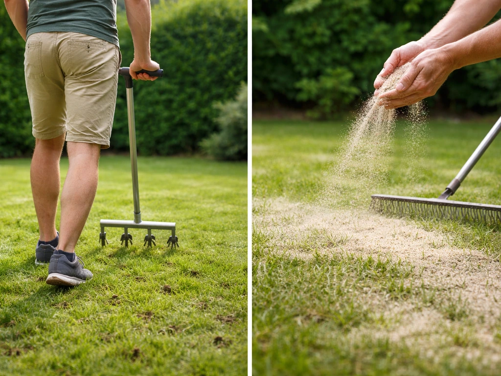 Tuinman met gazonbeluchter en scherp zand dat over het gazon wordt uitgestrooid en ingeveegd