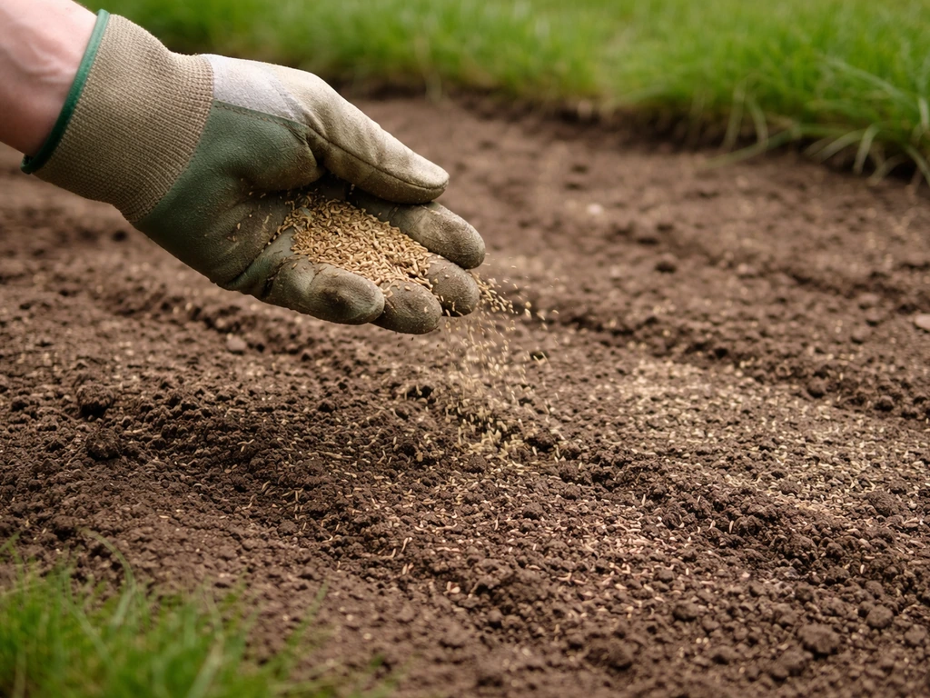 Hand strooit graszaad op een kale plek, waarna het licht wordt aangedrukt en bedekt.