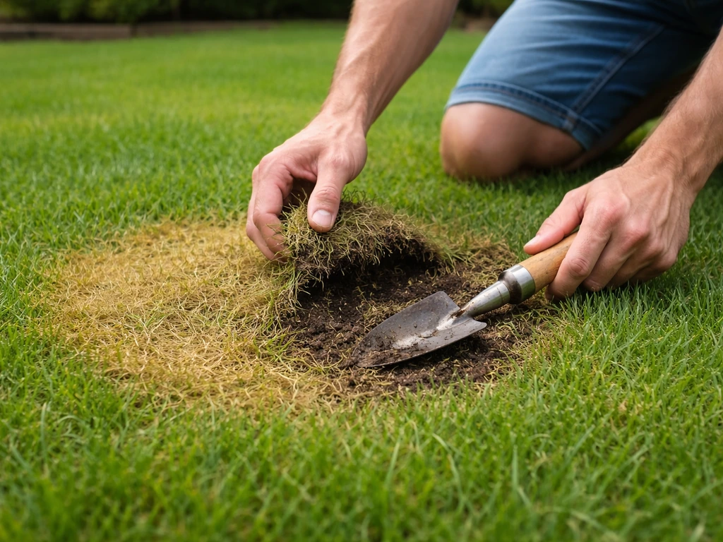 Gazon met gele vlek in één hoek; iemand controleert met hand en schepje de ondergrond bij het mos/gras.