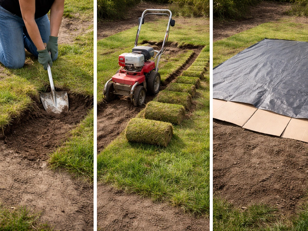 Drie tuinvakjes naast elkaar: gras handmatig afsteken, mechanisch snijden en afdekken met folie/karton.