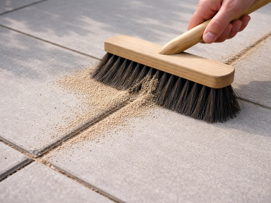 Harde bezem veegt droog bestratingszand in de voegen tussen tegels op een terras.