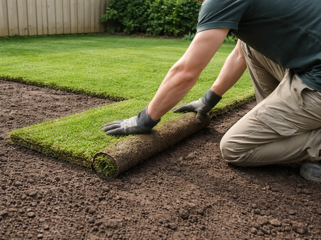 Iemand legt een groene grasmat op een gazon in de lente, met licht vochtige bodem en zacht daglicht