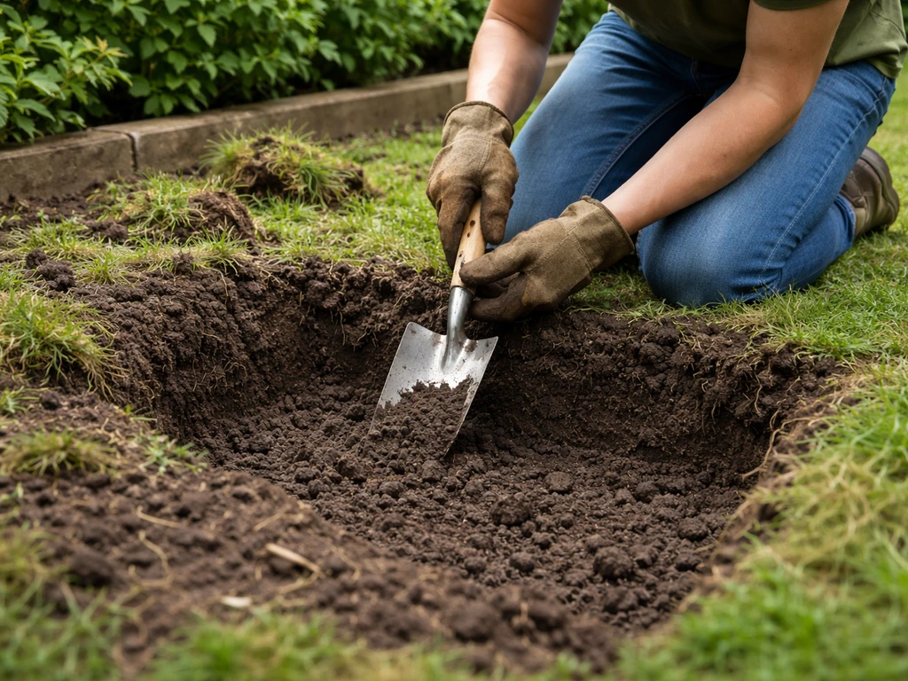 Tuinman graaft en schept aarde af tot ongeveer 20–30 cm diep, grond klaar voor waterdoorlatendheid.