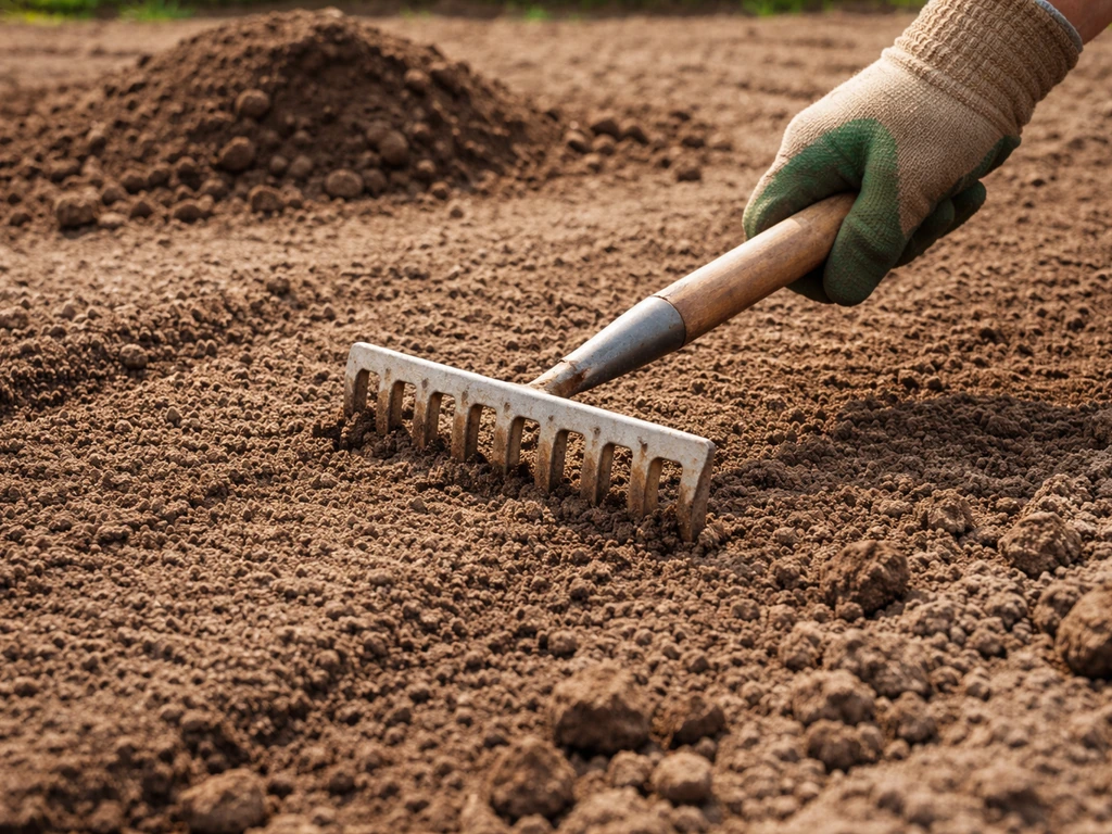 Metalen hark en teelaarde op vlak geharkte grond, met focus op het egaliseren en checken van oneffenheden.