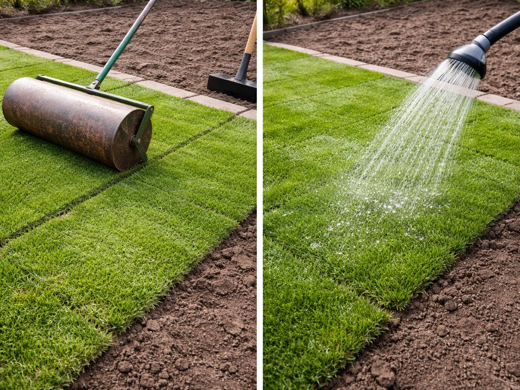 Tuinrol rolt over nieuwe graszoden en direct daarna valt er flink water over de zoden.