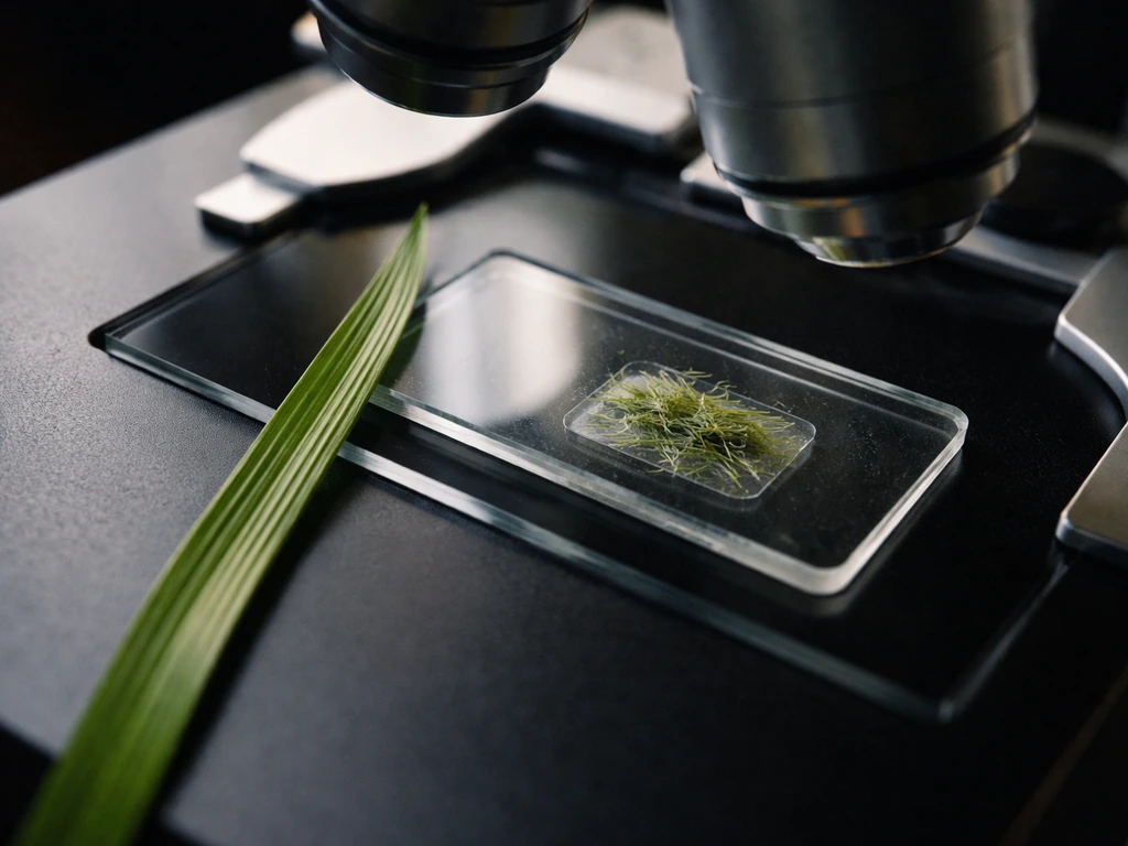 Close-up van grasspriet en preparaatplaqueje onder een samengestelde microscoop, met zachte natuurlijke belichting.