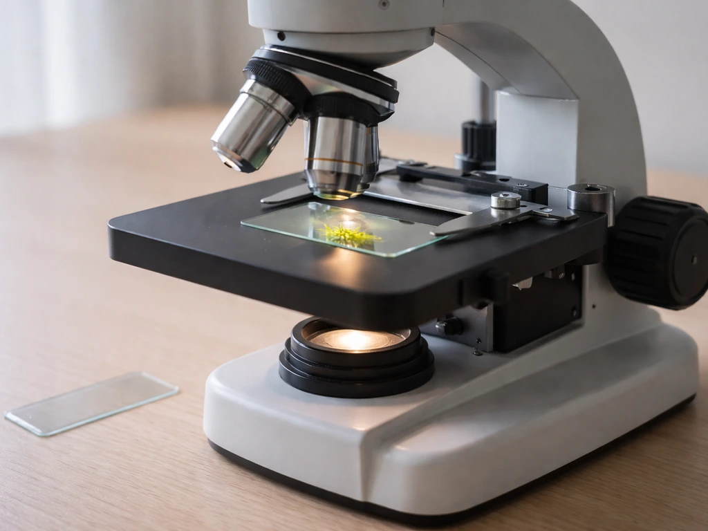 Samengestelde microscoop op tafel met verlichting en een klaar grassample-preparaat onder het objectief.