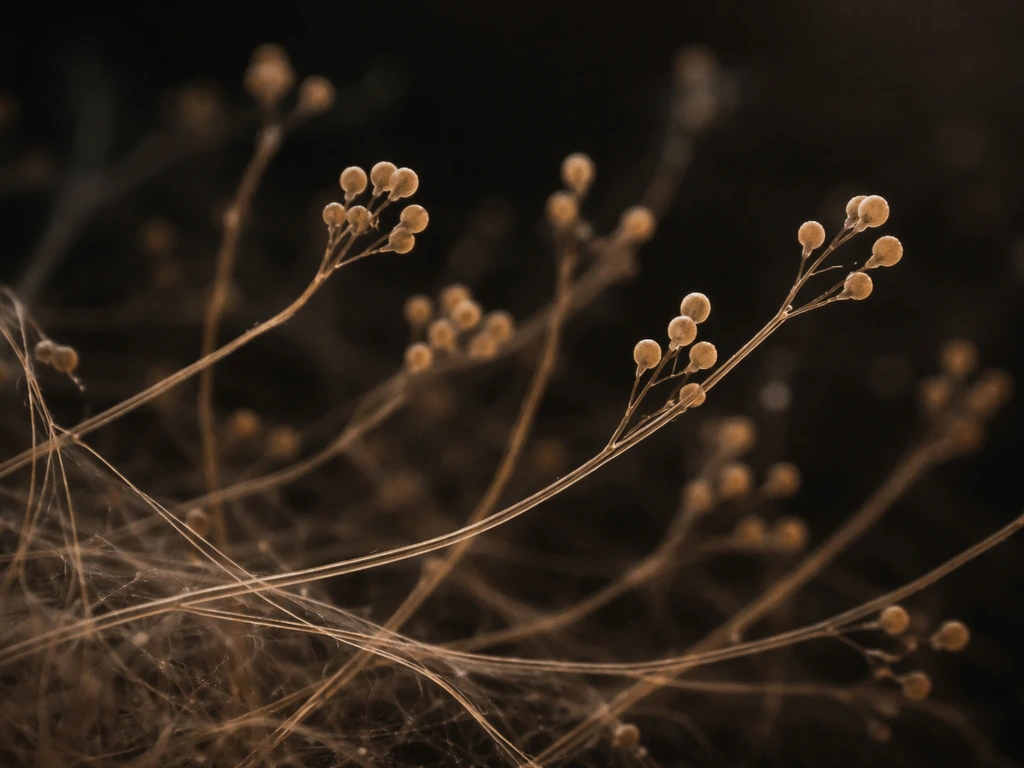 Microscopische foto van schimmeldraden (hyfen) en kleine sporen op donkere achtergrond.