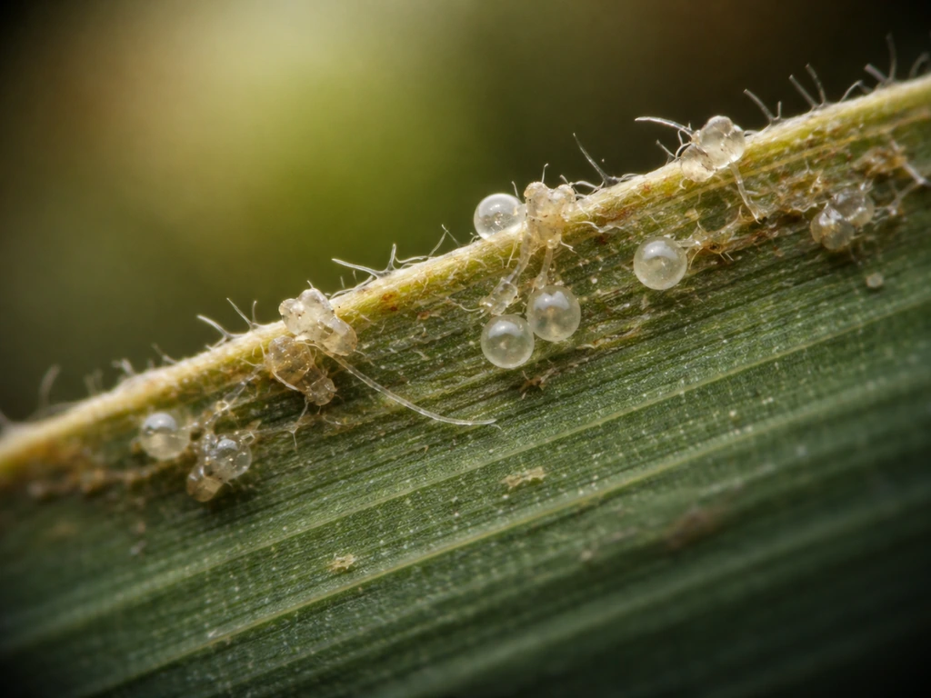 Macrofoto van een bladschede onder de microscoop met insectensporen zoals eieren en micro-vraatfragmenten.