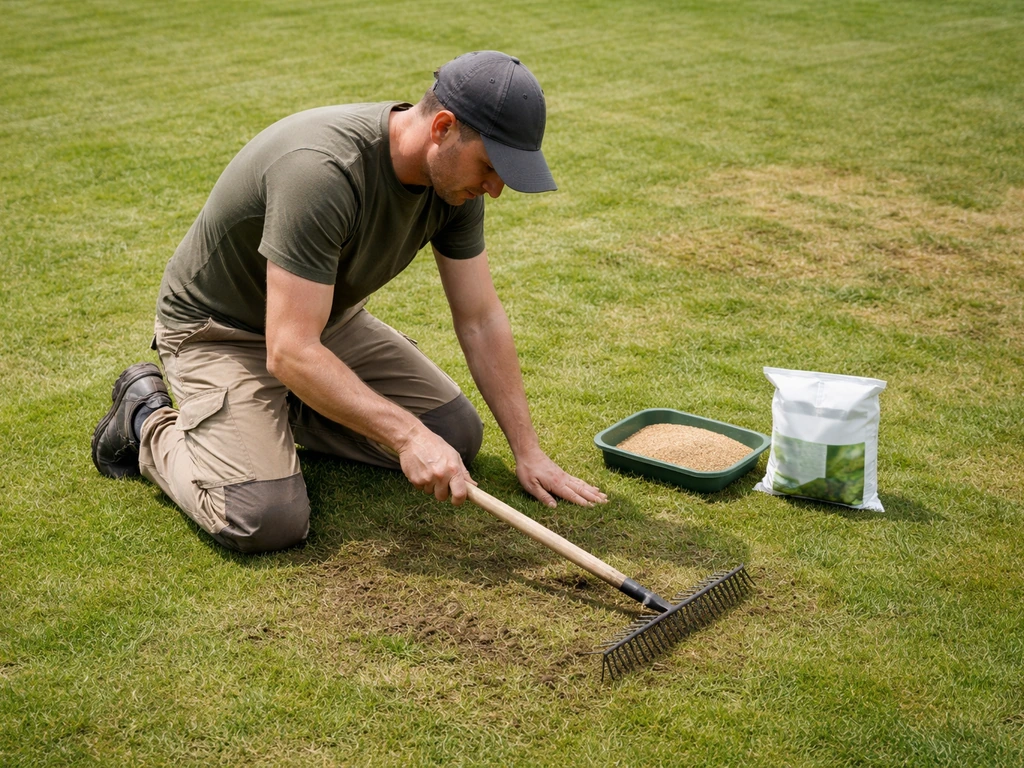 Anonieme tuinman met schep en hark bij een grasveld, bij beluchten en doorzaaien voor herstel na schimmel/mos.