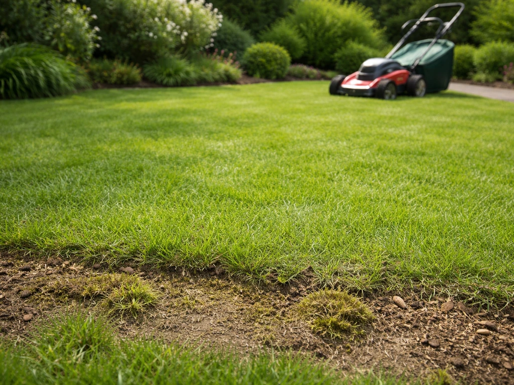 Achtertuin-gazon met zichtbare mulch en een vilt/mos-strook; mulchmaaier op de achtergrond.