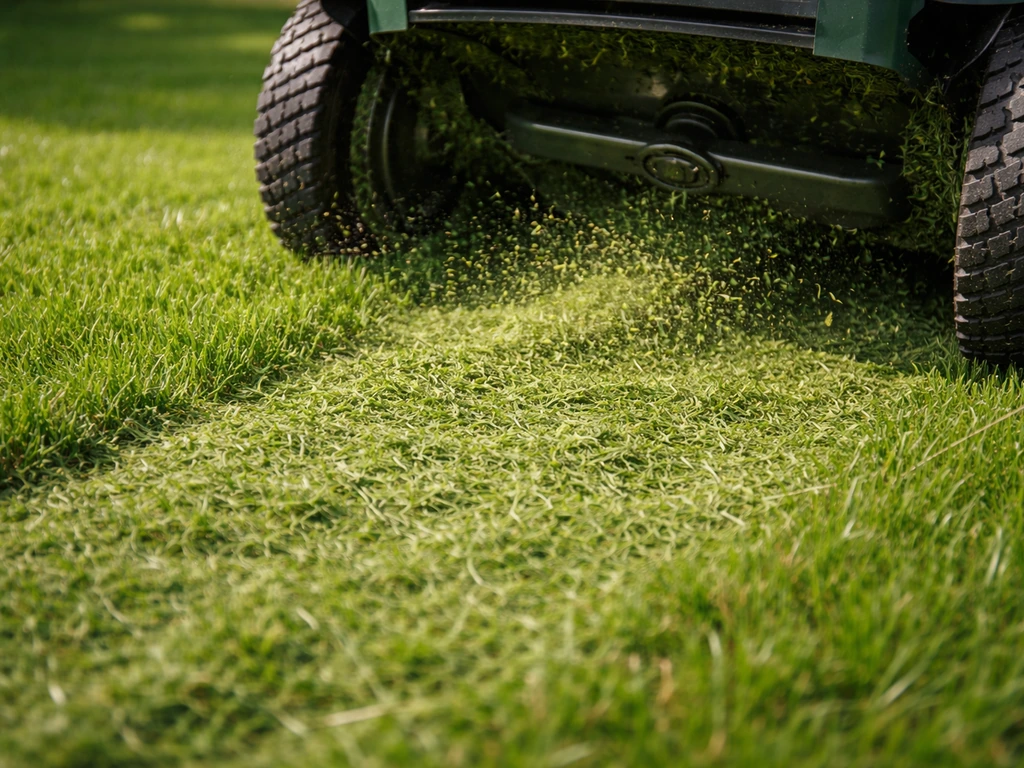 Close-up van een mulchmaaier die versnipperd gemaaid gras op het gazon laat vallen.