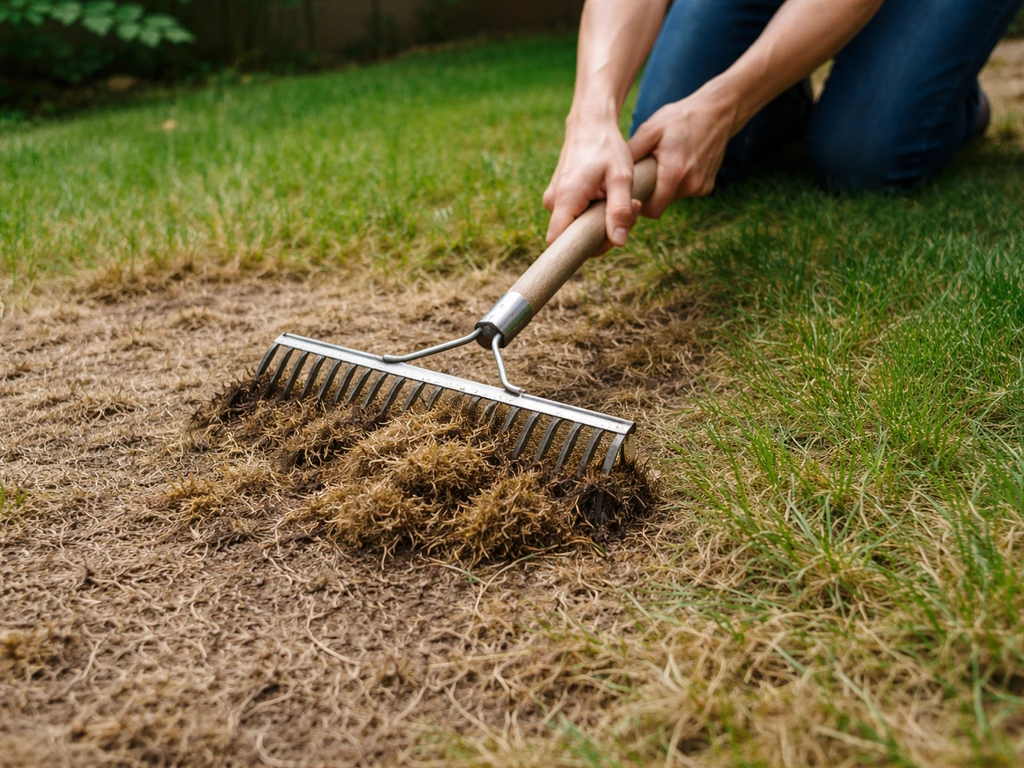Iemand krabt vilt van een gazon en maakt de grond los, met zichtbaar gezonder gras ernaast.
