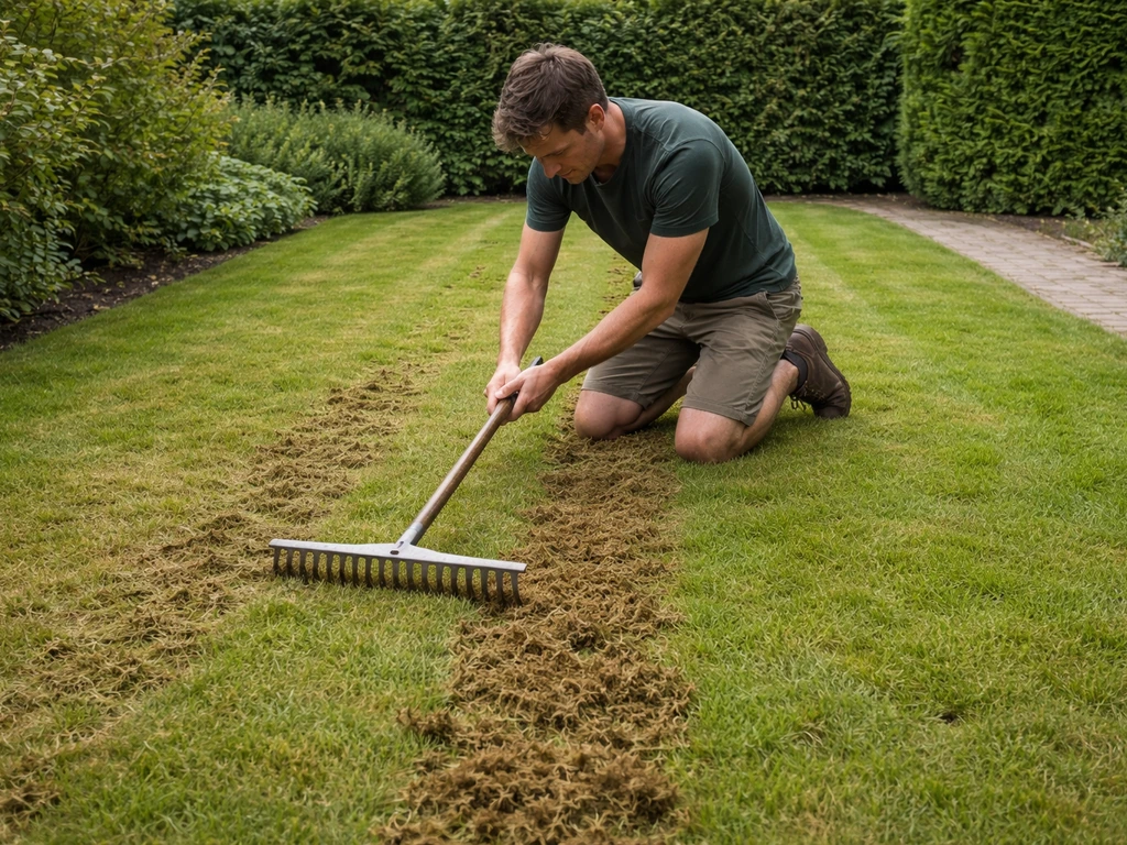 Tuinman gazon kort maaien en daarna mos wegharken zodat kalk direct op de bodem komt