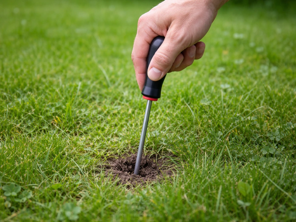 Hand steekt een prikstok of schroevendraaier in het gras om bodemverdichting te testen.