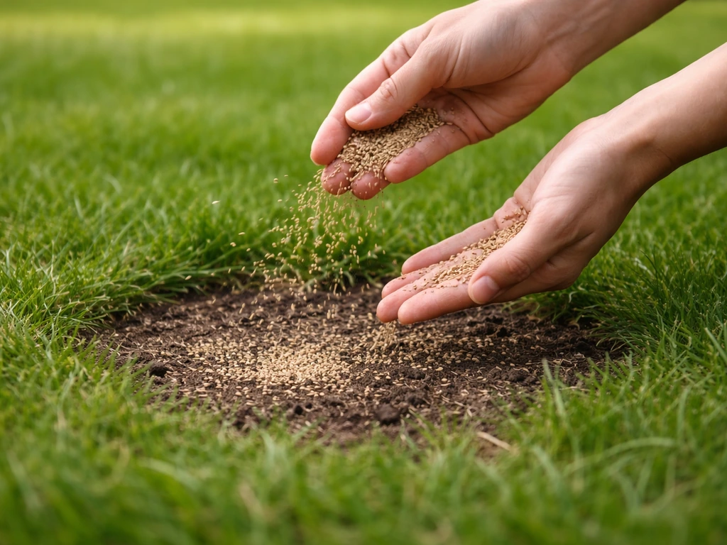 Hand die graszaad gelijkmatig over kale plek in het gazon strooit, met groene graspol aan de rand