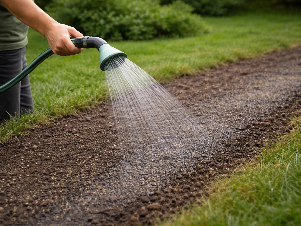 Fijne sproeier houdt pas ingezaaid graszaad direct na doorzaaien vochtig in een rustige tuin
