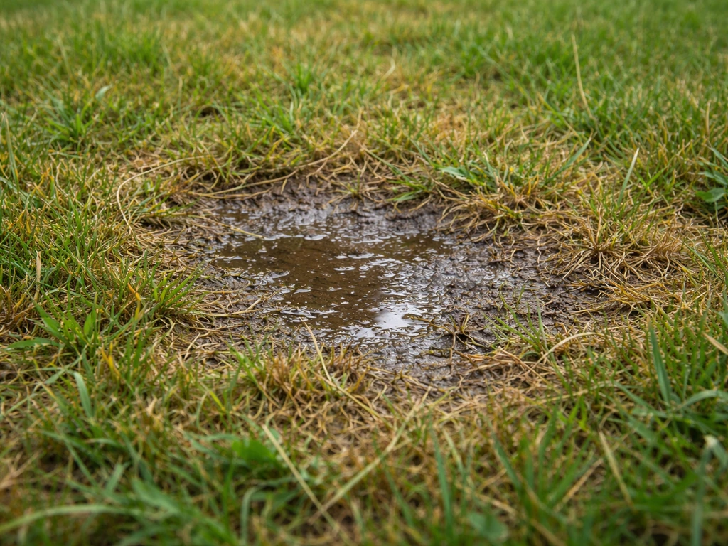 Close-up van een gazon met vochtige plek, geel en bruin gras en ongelijk uitgedund oppervlak.