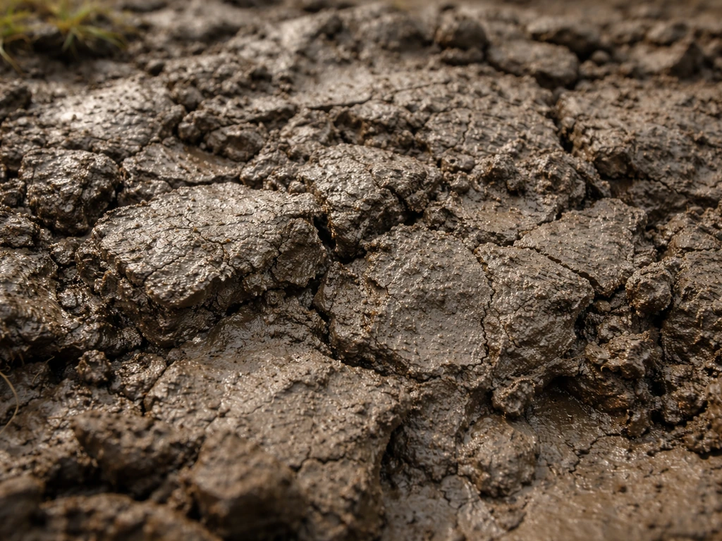 Natte klei met compacte kluiten aan het oppervlak, waterremmende, zware kleibodem in een simpele buitenomgeving.