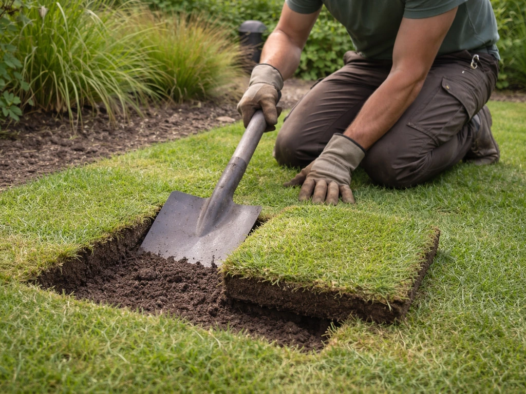 Tuinman steekt met een vlakte schop een graszodeblokje van circa 30x30 cm uit in een kleine tuinbed