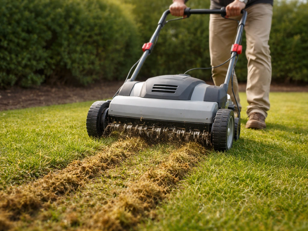 Tuinman bedient een verticuteermachine die de grasmat oppervlakkig insnijdt om mos en vilt te verwijderen.