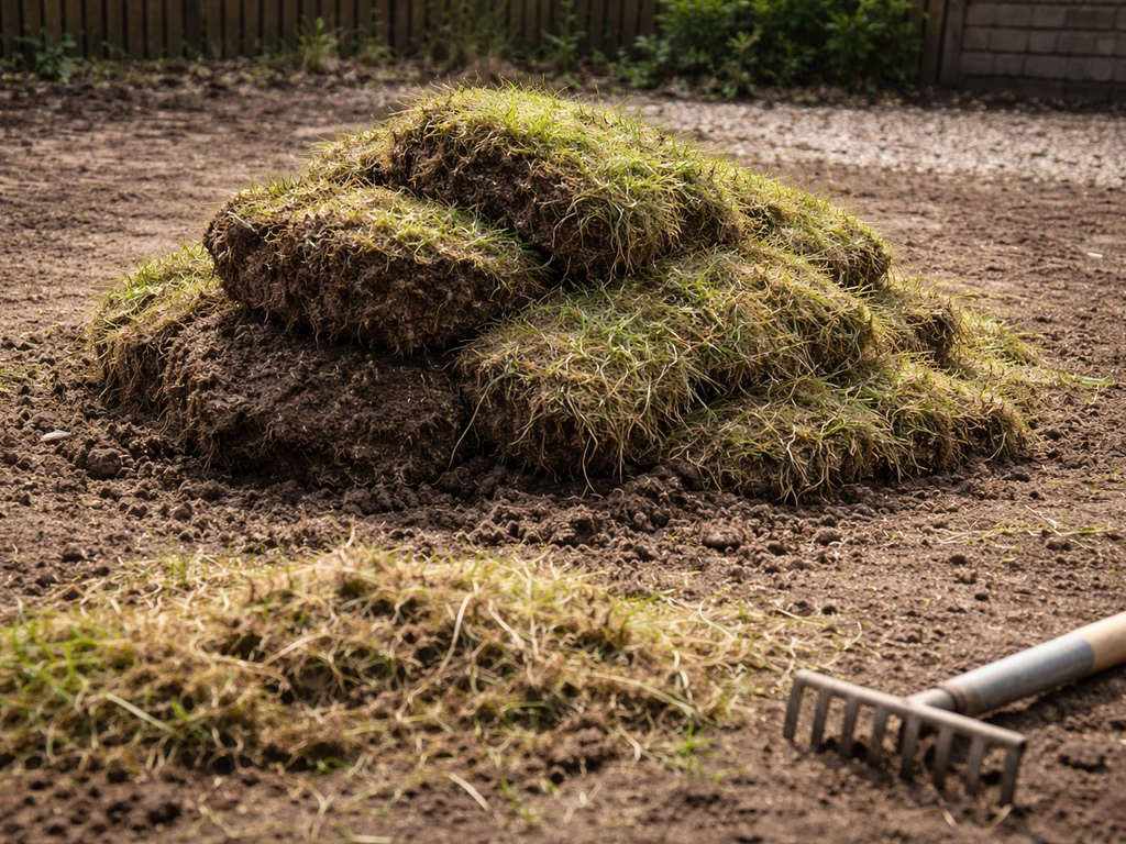 Oude graszoden en wortels liggen op een hoop met aarde, klaar om te composteren of af te voeren.