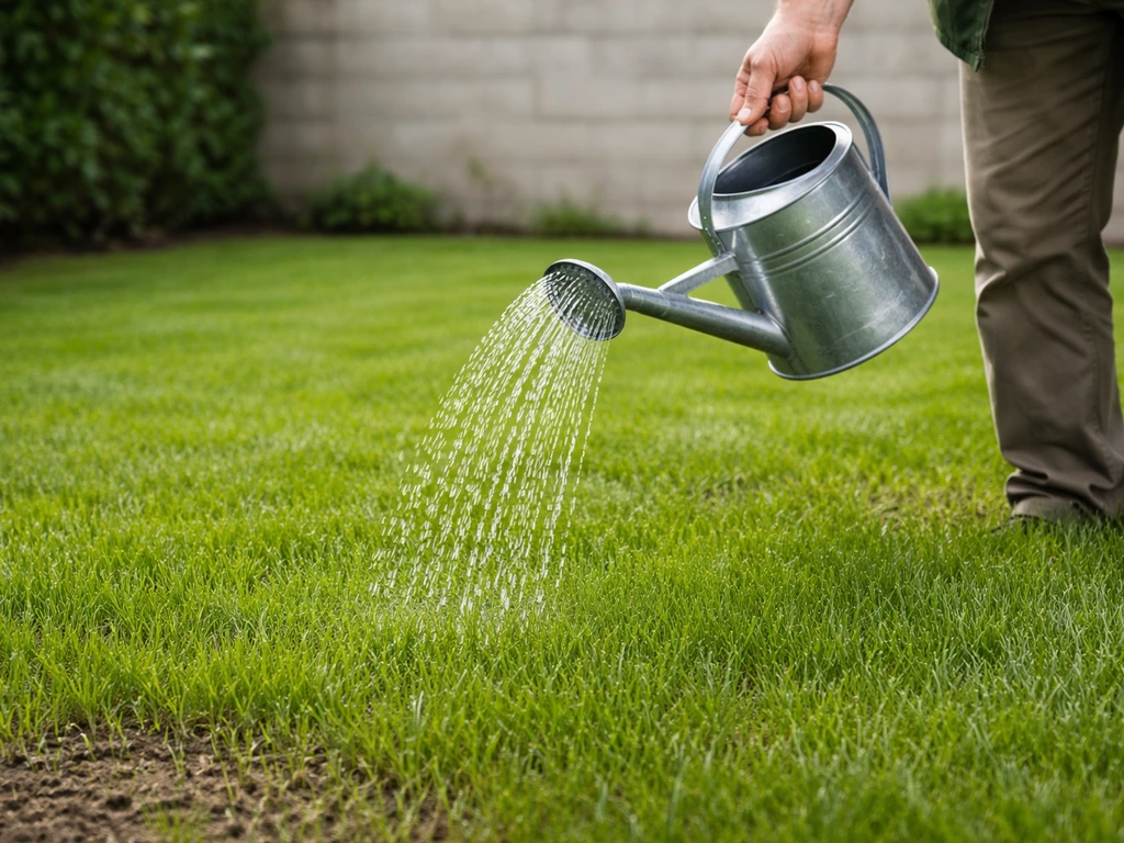 Hand met gieter geeft vers gras gelijkmatig water op een klein, net ingezaaid perceel.