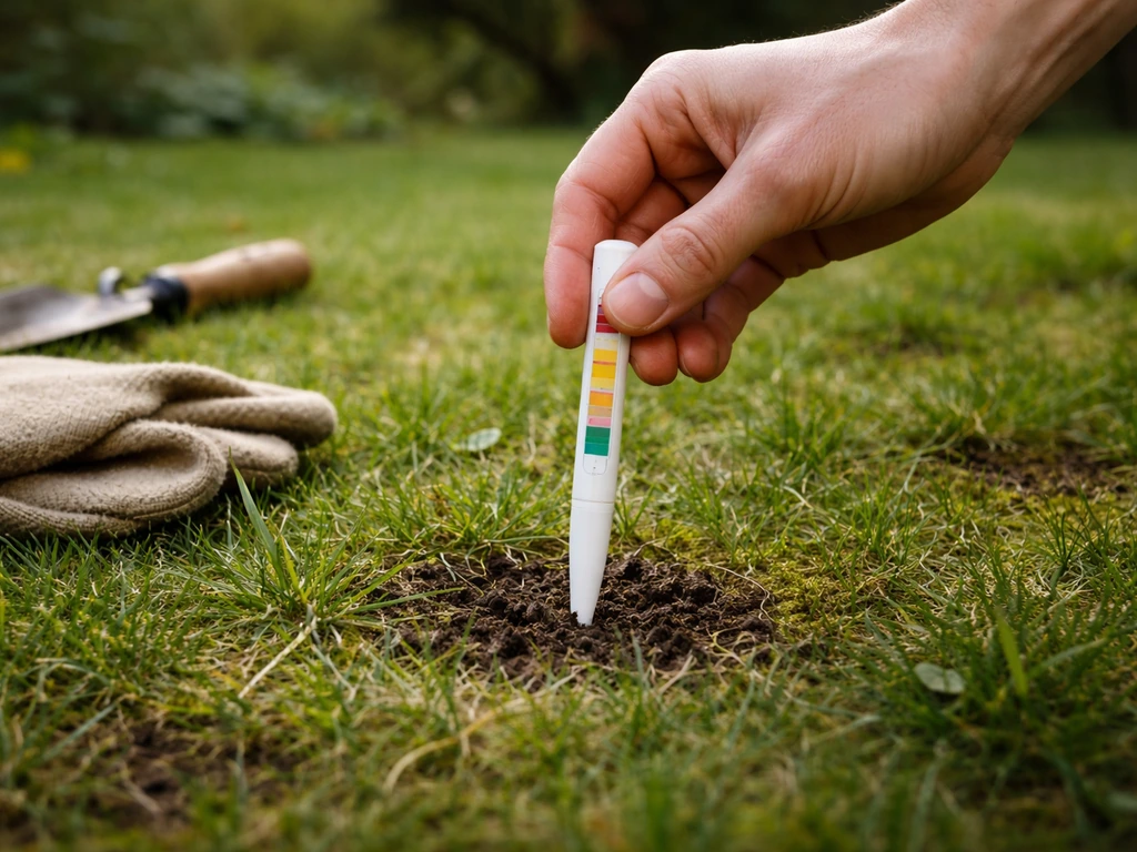 Hand met meetsetteststaaf in de grond op een gazon, met jutehandschoen en kleine schep naast het gras