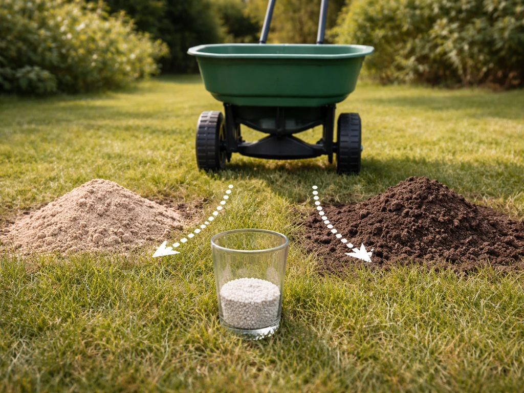 Tuinstrooier en maatglas boven een tuinbed met zand en klei, met richtlijnen voor kalkdosering per m².