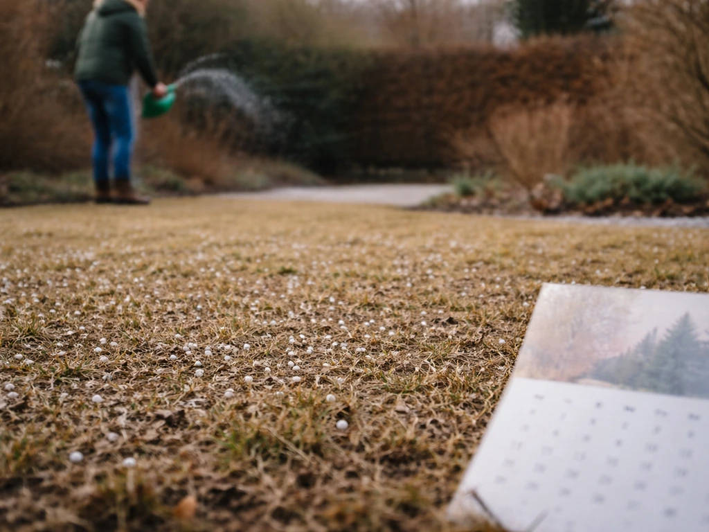 Man die kalkkorrels op winterbruin gazon strooit, zichtbare korrels en rustige tuinachtergrond