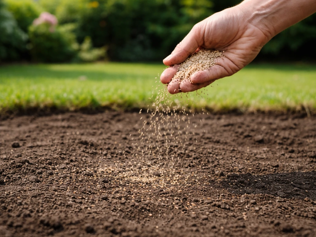 Kale grasmat in de tuin terwijl graszaad kruislings wordt uitgestrooid en licht wordt ingewerkt.