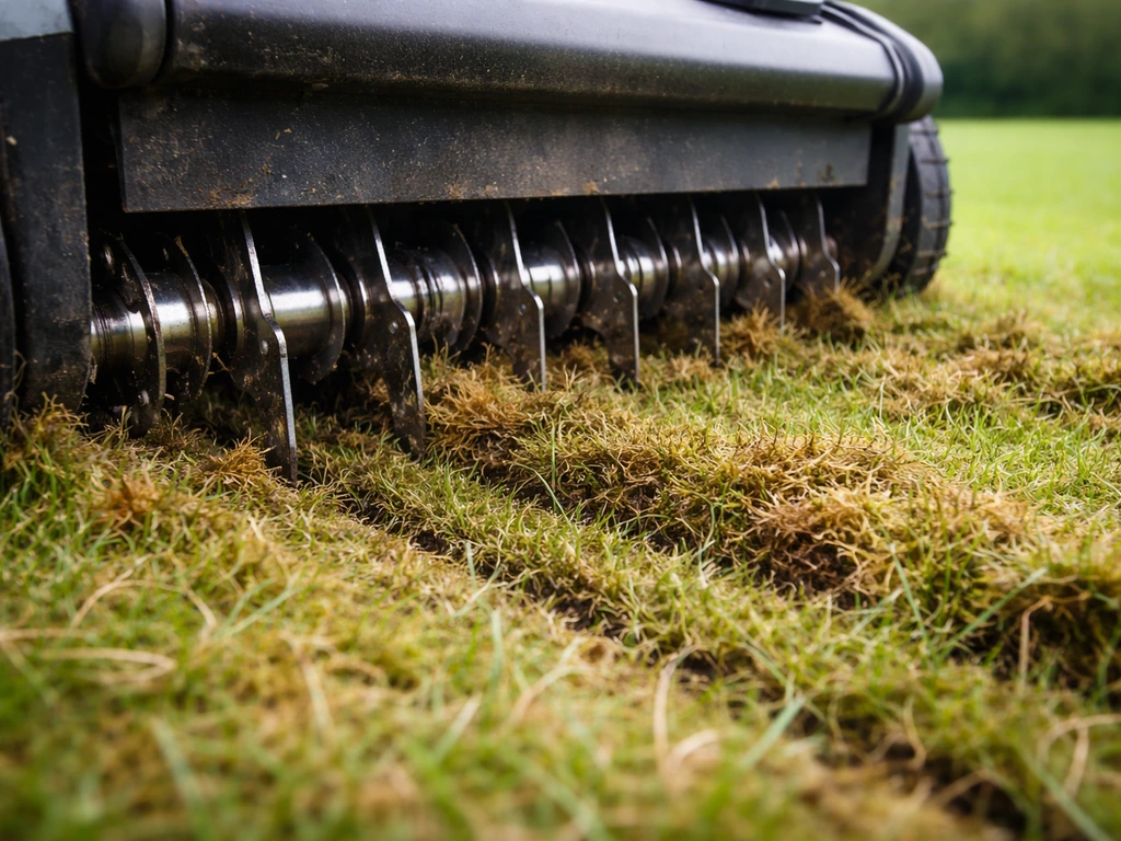 Close-up van verticuteermessen die verticaal door het gras snijden en mos en vilt losmaken.