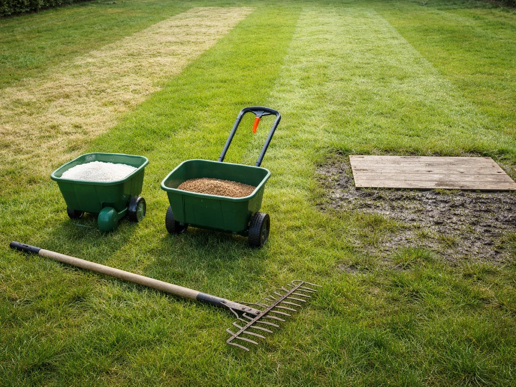 Twee lege strooiers en een hark op een gazon, met zichtbare pauze tussen tijdstippen en bodemcondities.