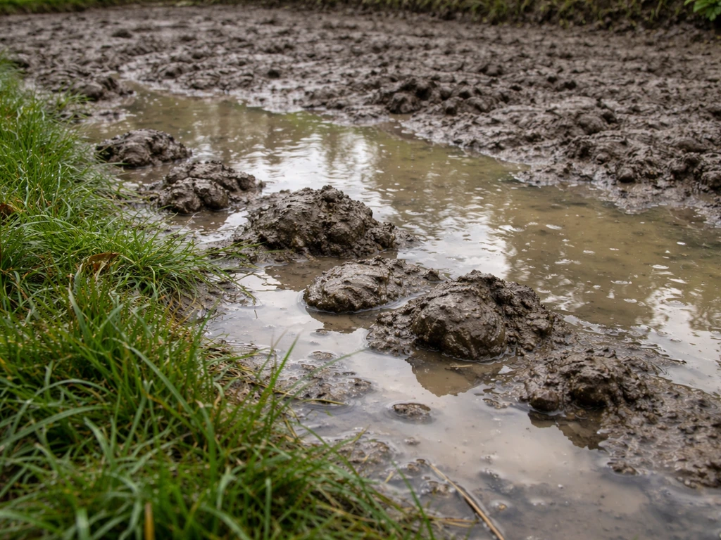 Kleigrond met plassen na regen, water dat blijft staan en natte modderige bodem rond grasrand.