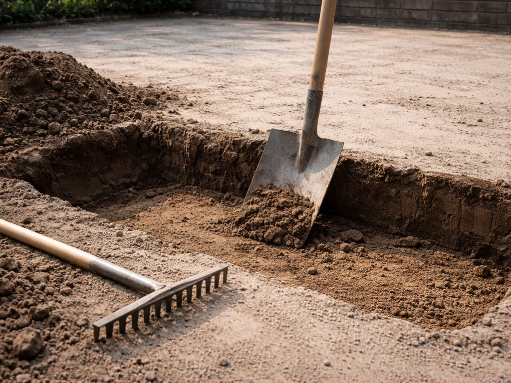 Schep steekt circa 20–30 cm grond af en de ondergrond wordt vlak geëgaliseerd op een werf.