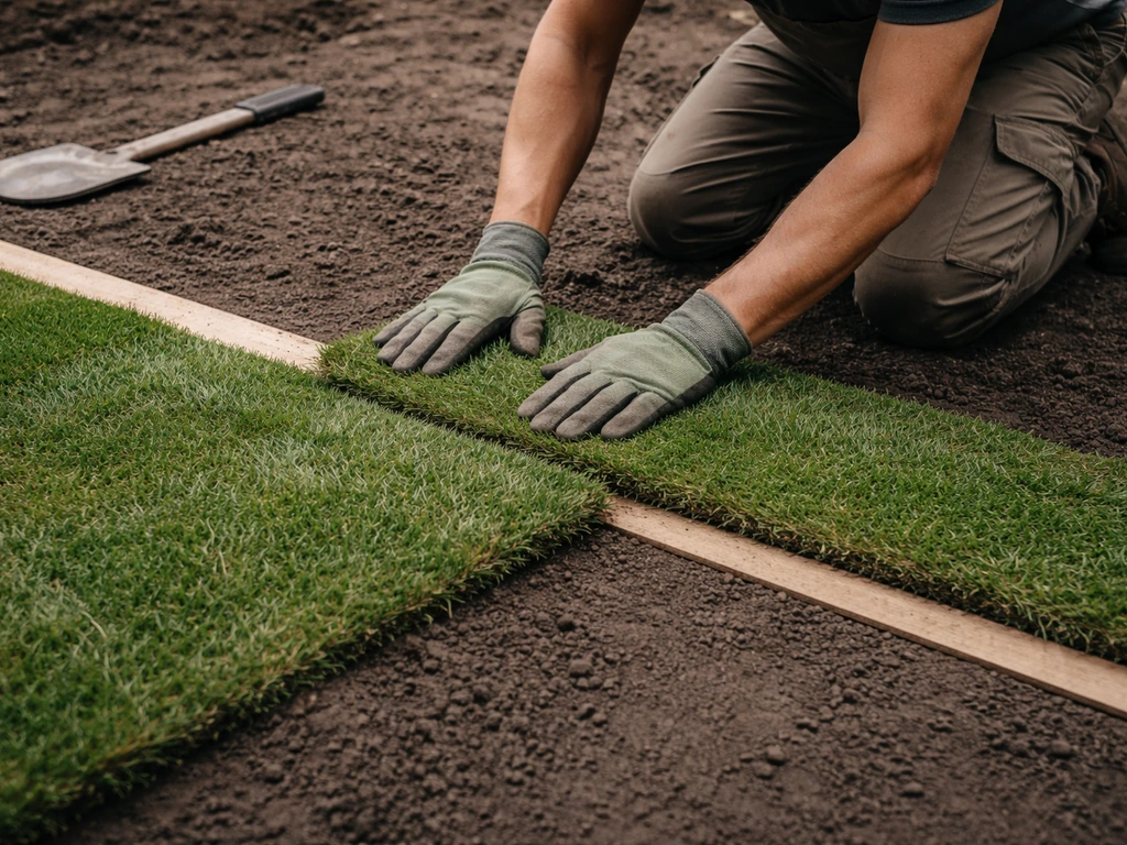Handen leggen graszoden strak naast elkaar langs een rechte rand, zonder naden in een tuin.