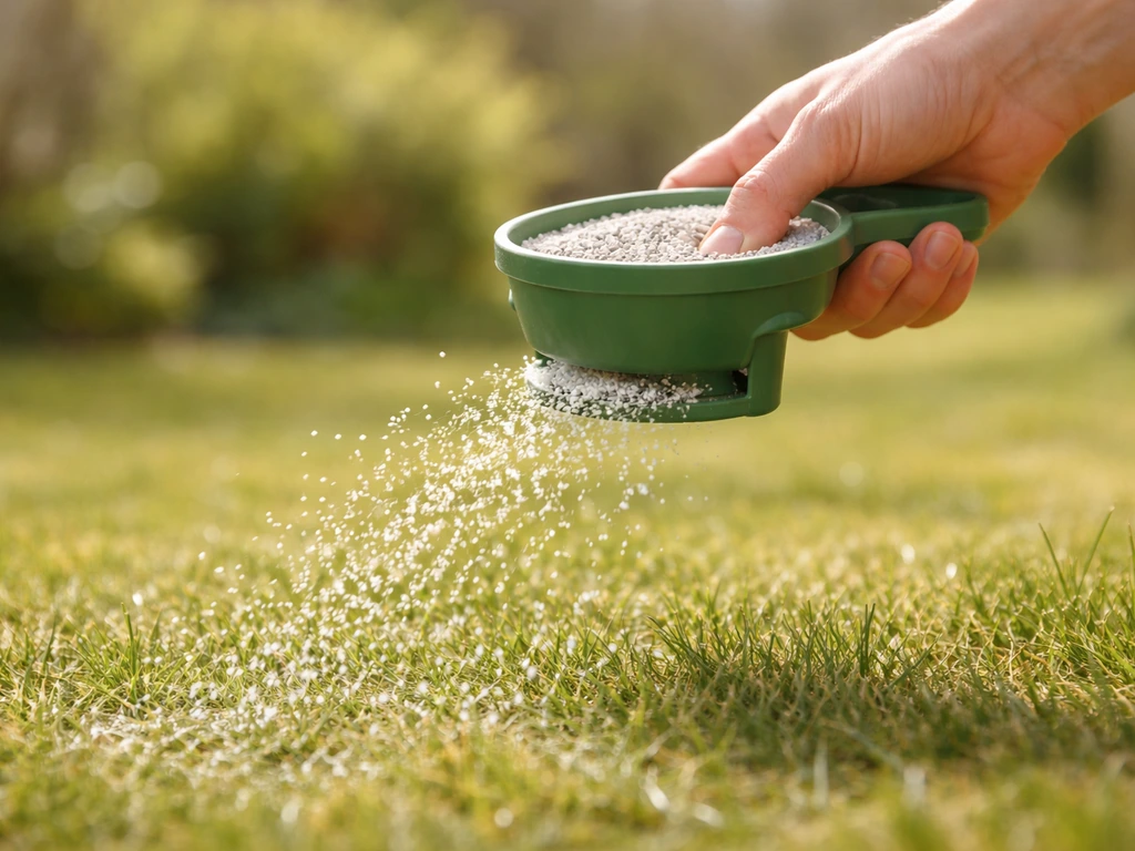 Hand met korrelkalk op droog gazon in de vroege lente, met vallende witte kalkkorrels.