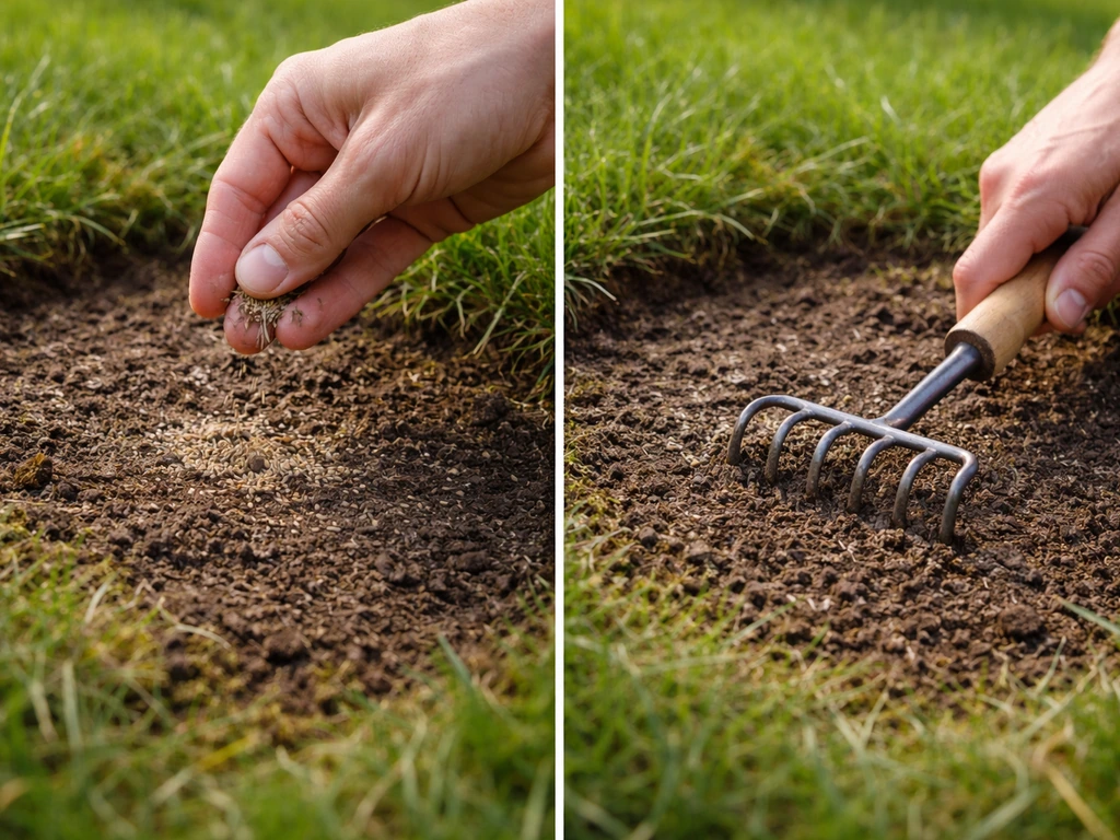 Hand strooit doorgezaaizaad op een kale plek in het gazon en werkt het licht in met een harkje.