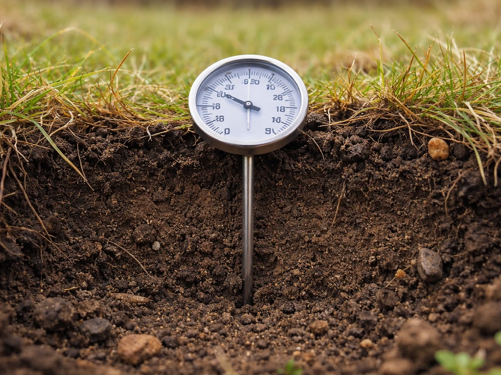 Close-up van een bodemthermometer in de aarde, meetpunt rond 10 cm diepte in een graszodenstrook.