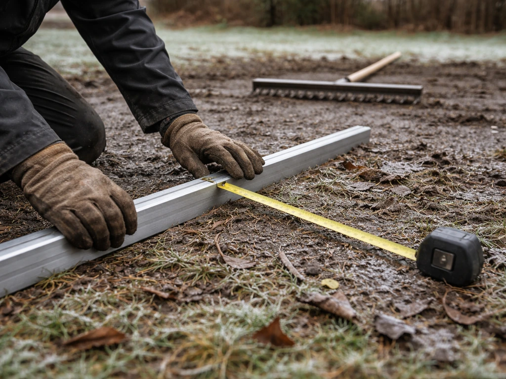 Handen die een tuin uitmeten met rechte lat en rolmaat, met afstrijkhark voor een vlakke ondergrond.