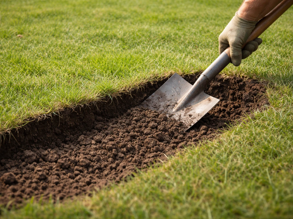Hand aan een spade die de bovenlaag van de tuin losmaakt; kruimelige aarde tot ca. 10 cm diep.