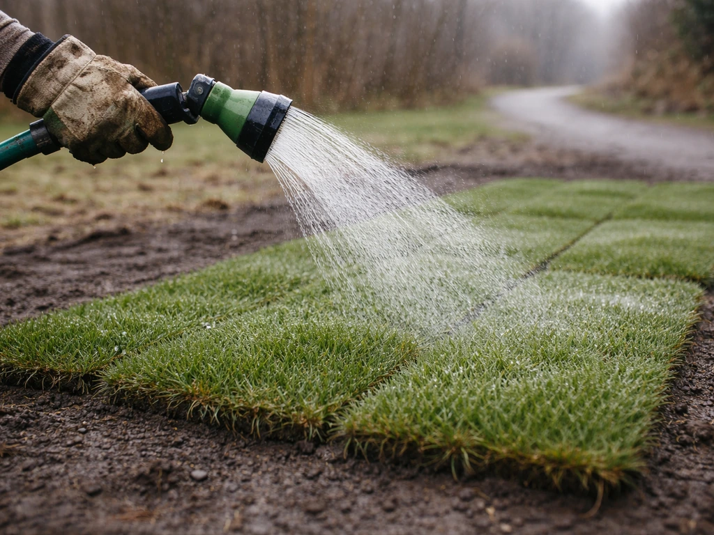 Nieuw gelegde graszoden worden besproeid met een tuinslang en sproeikop in koud decemberlicht.