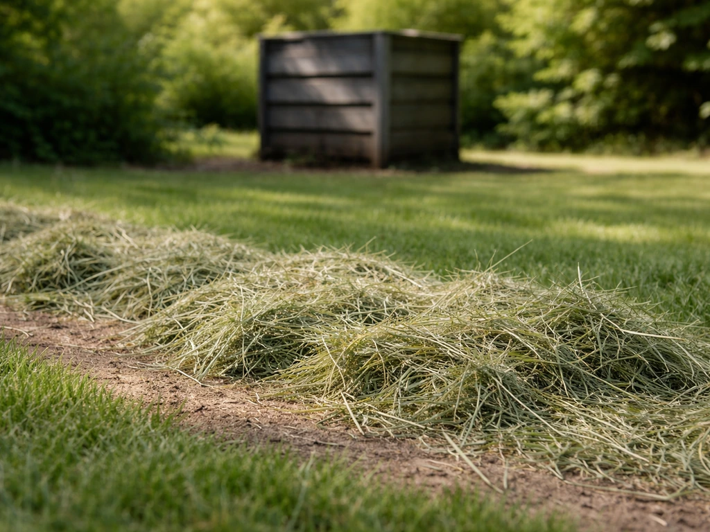 Droge grasresten op een gazonrand, met zicht op een compostbak in de achtergrond