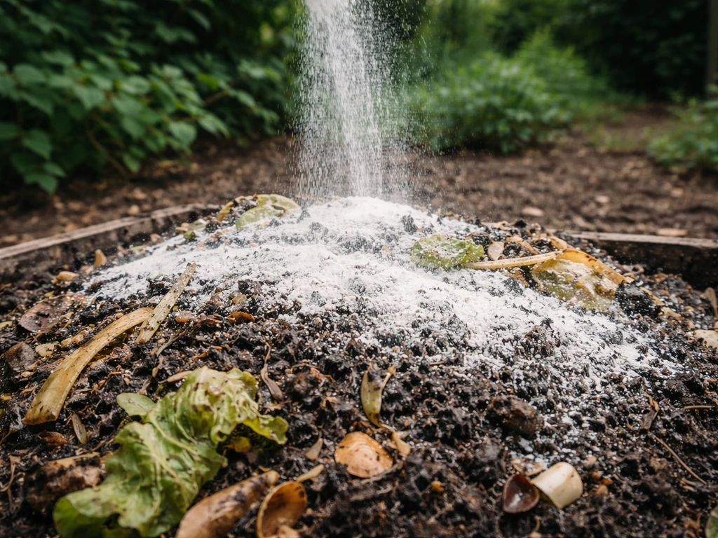Landbouwkalk in dunne laagjes over een composthoop in de tuin, zonder mensen in beeld.