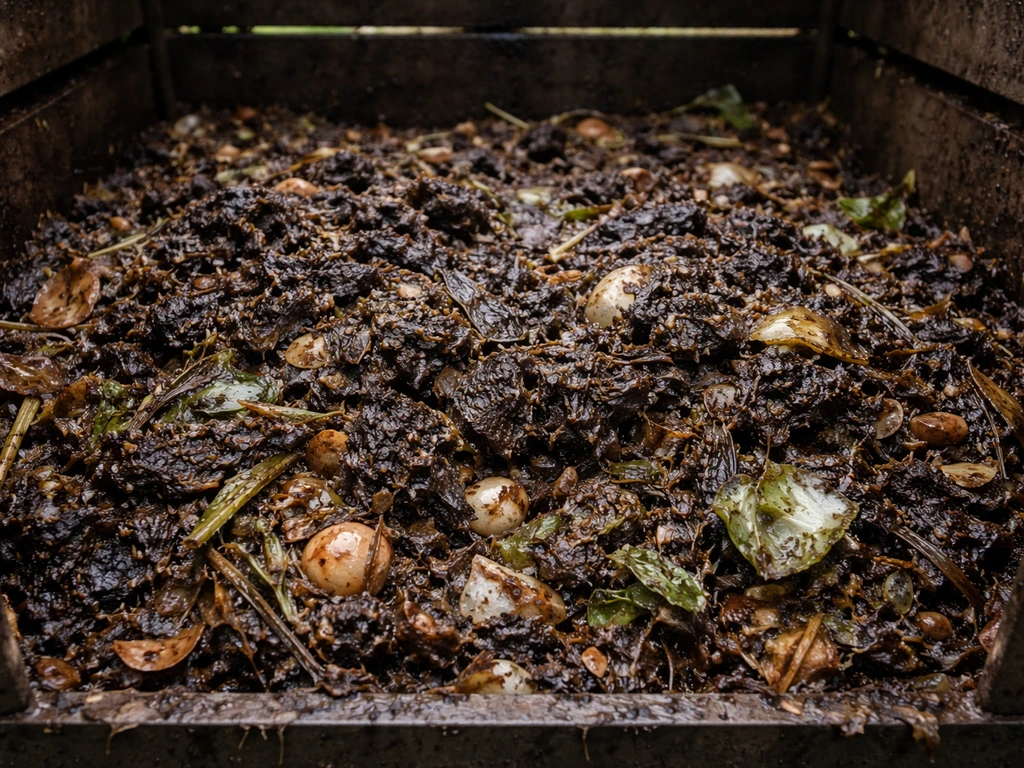 Open composthoop met nat, gecompacteerd materiaal dat een anaerobe, rotte-eieren situatie suggereert.