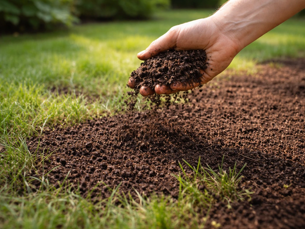 Donkere, kruimelige rijpe compost die als laagje over een Nederlands gazon wordt uitgestrooid